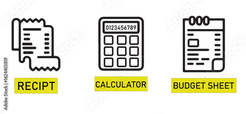 Isolated icons showing a receipt a calculator and a budget sheet for financial planning and management