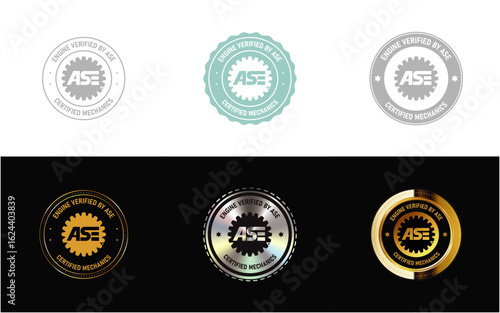 Engine Verified by ASE Certified Mechanics icon, stamp, seal, symbol and logo in minimal, gold, silver design vector