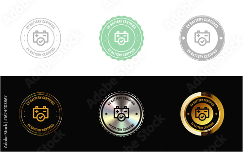 EV Battery Certified icon, stamp, seal, symbol and logo in minimal, gold, silver design vector