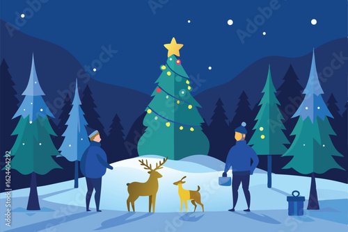 snowy forest clearing with a family of deer grazi (1).eps