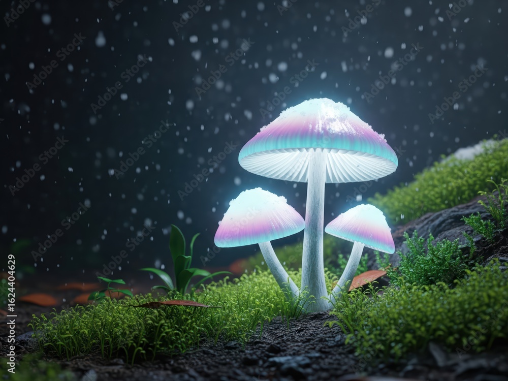 Fototapeta premium Fantasy-style mushrooms with glowing caps under soft snowfall, surrounded by moss and wet soil, cinematic lighting with a dark forest atmosphere