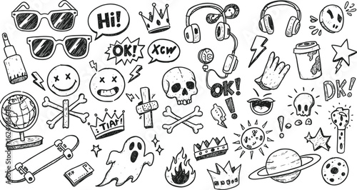 Hand drawn doodle sticker collection with fun cartoon elements, sketch style illustrations, trendy pop culture icons, playful vector design set
