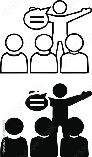 Persuasion Icons. Black and White Vector Illustration. Man Telling Viewers His Point of View. Attitudes and Views. Influencer Concept
