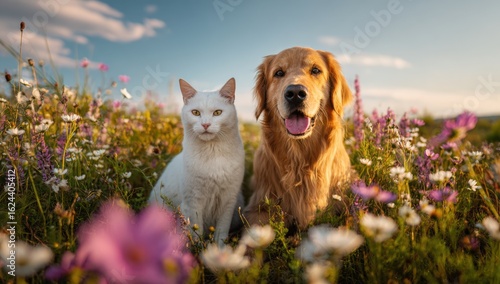 A golden retriever and a white cat sit together peacefully amongst wildflowers in a meadow under a bright, sunny sky, creating a heartwarming scene of friendship.