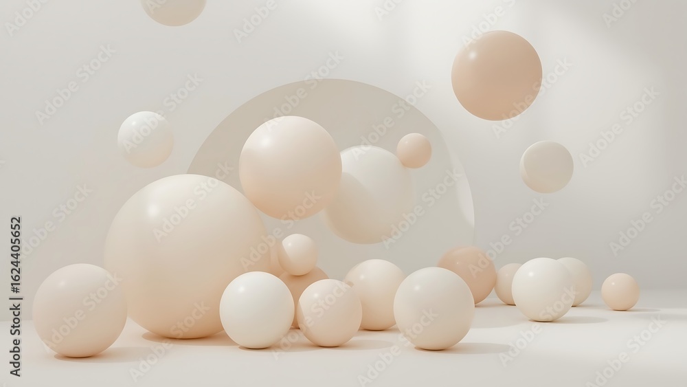 Fototapeta premium Minimalist composition of beige spheres floating in a softly lit studio with an archway in the background, creating a modern and abstract scene
