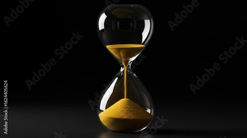 Elegant hourglass capturing the flow of golden sand against a dark background, symbolizing time
