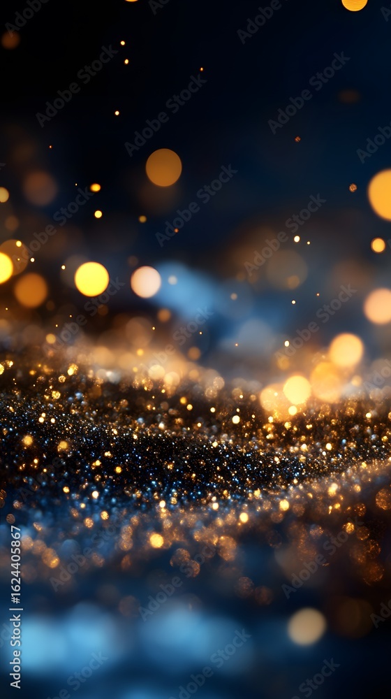 Obraz premium Sparkling Golden Bokeh and Glittering Dust Against a Dark Blue B