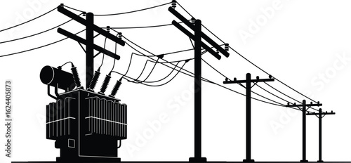 High voltage power lines and electrical transformer on utility poles, electricity distribution infrastructure, energy transmission system, electrical grid network, power supply equipment