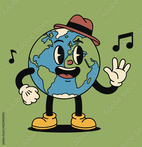Happy retro Earth character with fedora and music notes, global celebration