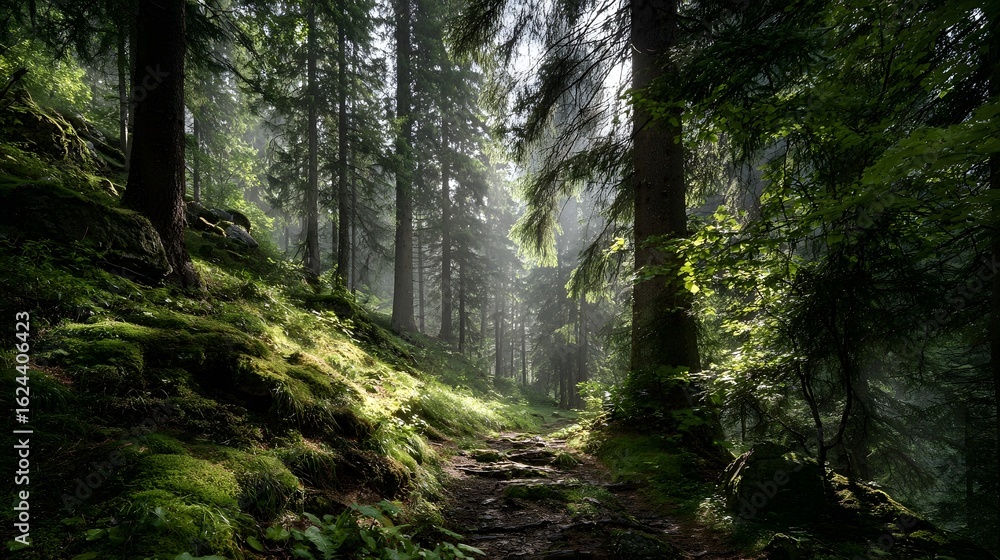 Fototapeta premium Sunlight filters through dense forest trees.