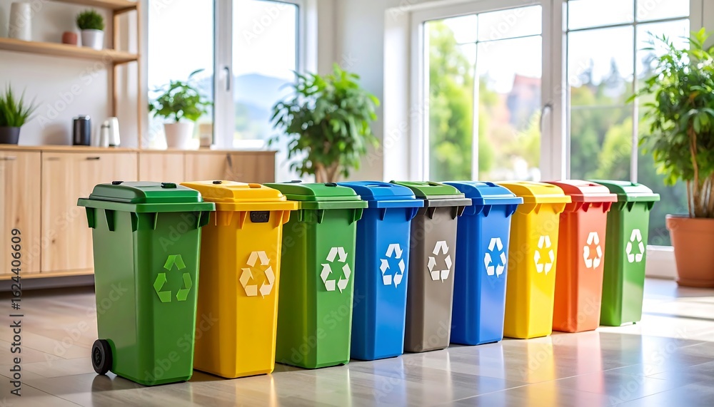 Colorful recycling bins in a bright home Colorful recycling bins in a bright home