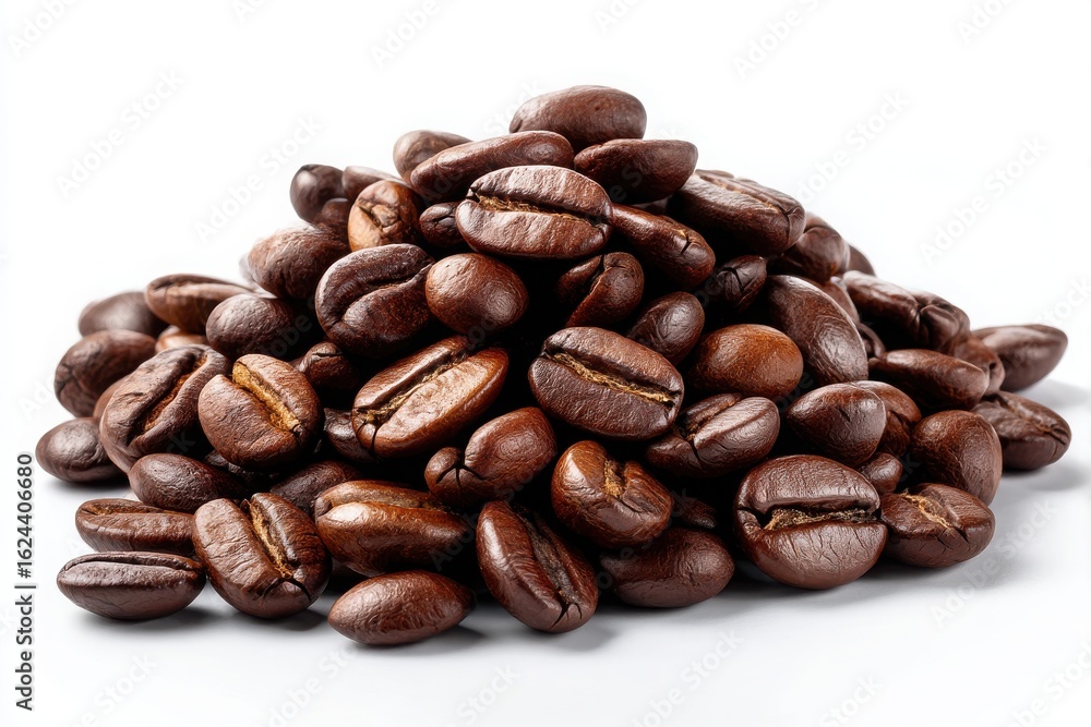 Naklejka premium Close up of a pile of roasted coffee beans isolated on white background