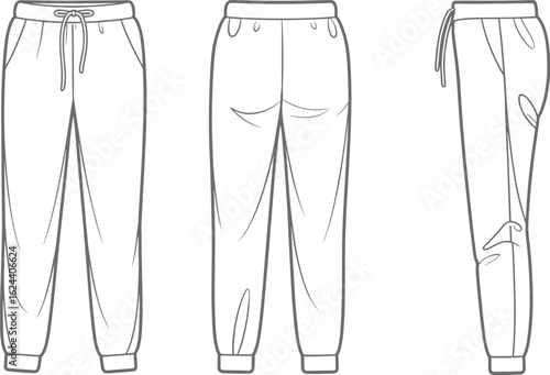 cad drawing flat vector illustration, front back side view jogger sweatpants design, cuffed hem pockets drawstring waist