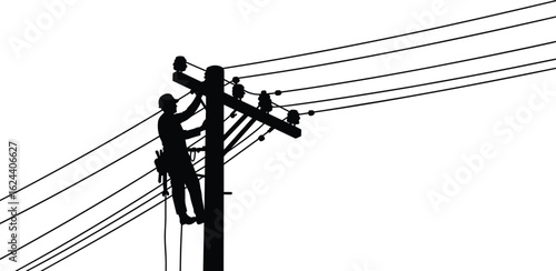 Silhouette of utility lineman working on power pole with electric wires and safety gear