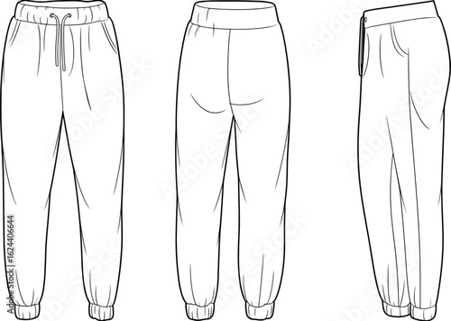 cad drawing flat vector illustration, front back side view jogger sweatpants, elastic waistband cuffs pockets drawstring detail
