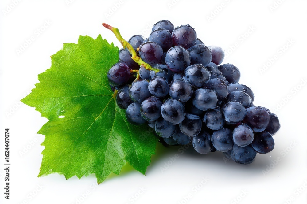 Fototapeta premium A fresh bunch of dark blue grapes with a green leaf and water droplets isolated on white background