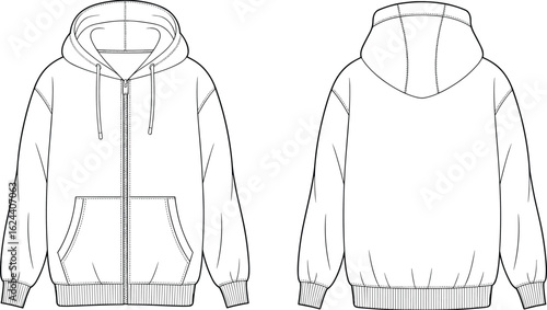 cad drawing flat vector illustration of casual zip up hoodie sweatshirt with kangaroo pocket front and back view