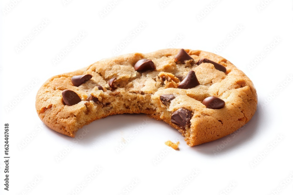 Fototapeta premium Delicious chocolate chip cookie with a bite taken out isolated on white background
