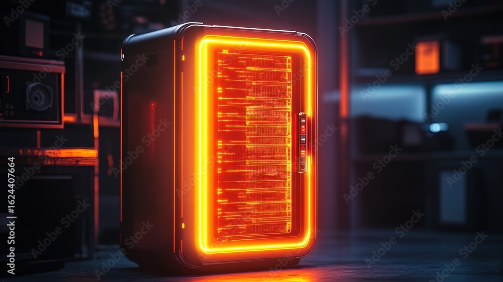 Obraz premium Futuristic Glowing Server Rack Unit with Neon Orange Edge Lighting