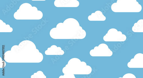 Bright sky filled with fluffy white clouds, a cheerful and airy pattern perfect for children's designs, weather themes, or a fresh, clean aesthetic.