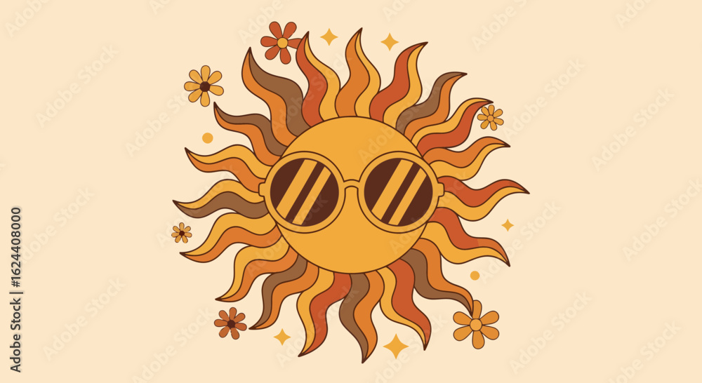 Naklejka premium Groovy retro sun with sunglasses and flowers radiates warm, vibrant energy, perfect for summer and bohemian vibes