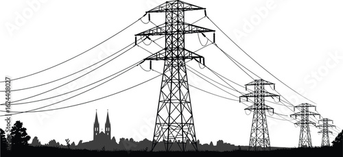 High voltage transmission towers with power lines over rural landscape and village skyline, energy infrastructure vector silhouette