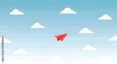 Vibrant red paper airplane soaring through a dreamy sky with fluffy white clouds, symbolizing ambition and boundless possibilities.
