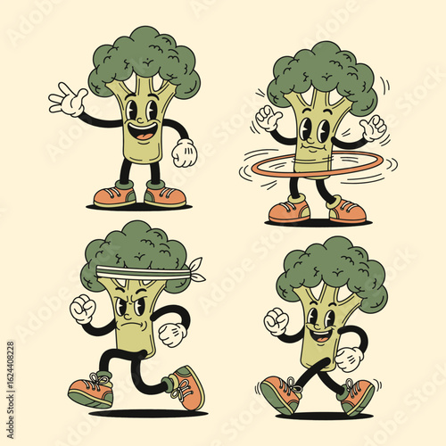 Retro Cartoon Broccoli Characters, Healthy Lifestyle, Exercise, and Fun Activities