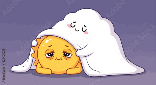 Adorable cartoon sun character snuggled under a cozy blanket with a comforting cloud, evoking feelings of peace, rest, and sweet dreams for children's themes