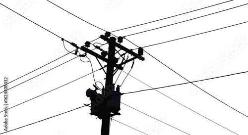 Silhouette of electrical utility pole with transformers and multiple intersecting power lines, urban energy distribution infrastructure on white background