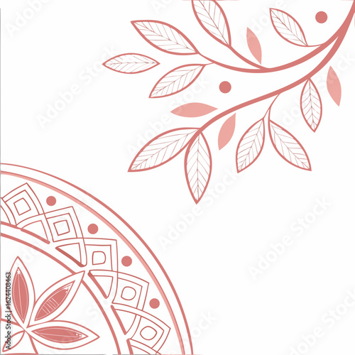Corner decorative elements featuring a floral branch and a mandala pattern in a soft rose color