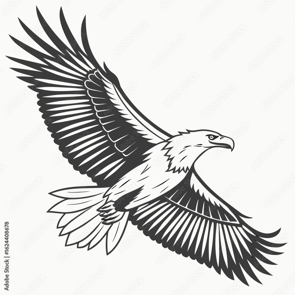 Naklejka premium Majestic bald eagle in flight with wings spread wide in a bold graphic style