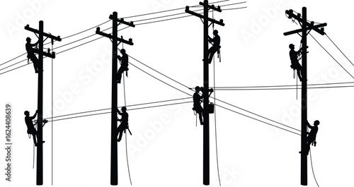 Silhouettes of multiple linemen climbing utility poles and performing high-voltage electrical maintenance, wearing safety harnesses, working on power lines