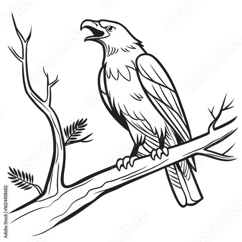 Majestic eagle perched on a bare tree branch with its beak open and wings spread