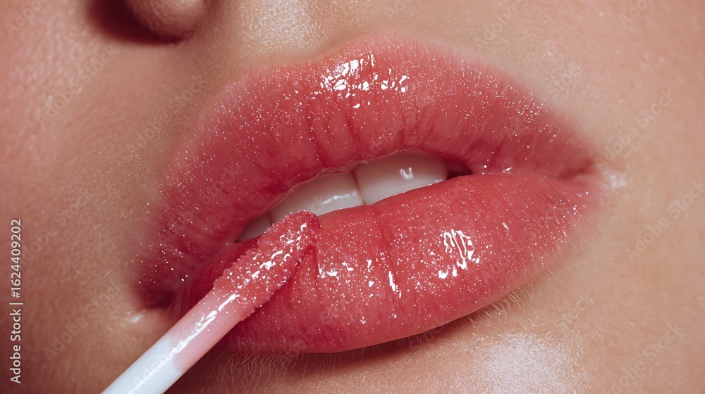 Naklejka premium A close-up of a woman's glossy, plump lips, with a clear lip gloss being applied with a wand.