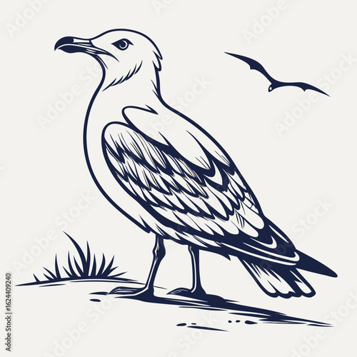 Stylized line art illustration of a seagull standing on the shore with another bird flying in the sky