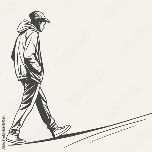 Stylized line art of a young man in a hoodie and baseball cap walking confidently