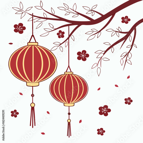Traditional red chinese lanterns hanging from a branch with blossoms and falling petals