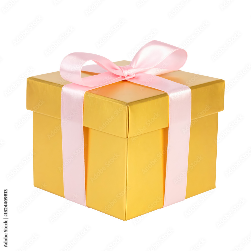 Fototapeta premium golden gift box with pink bow isolated on transparent png