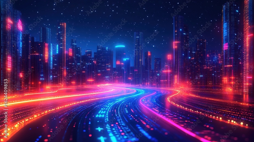 Futuristic Glowing Cityscape with Neon Lights and Data Stream Technology