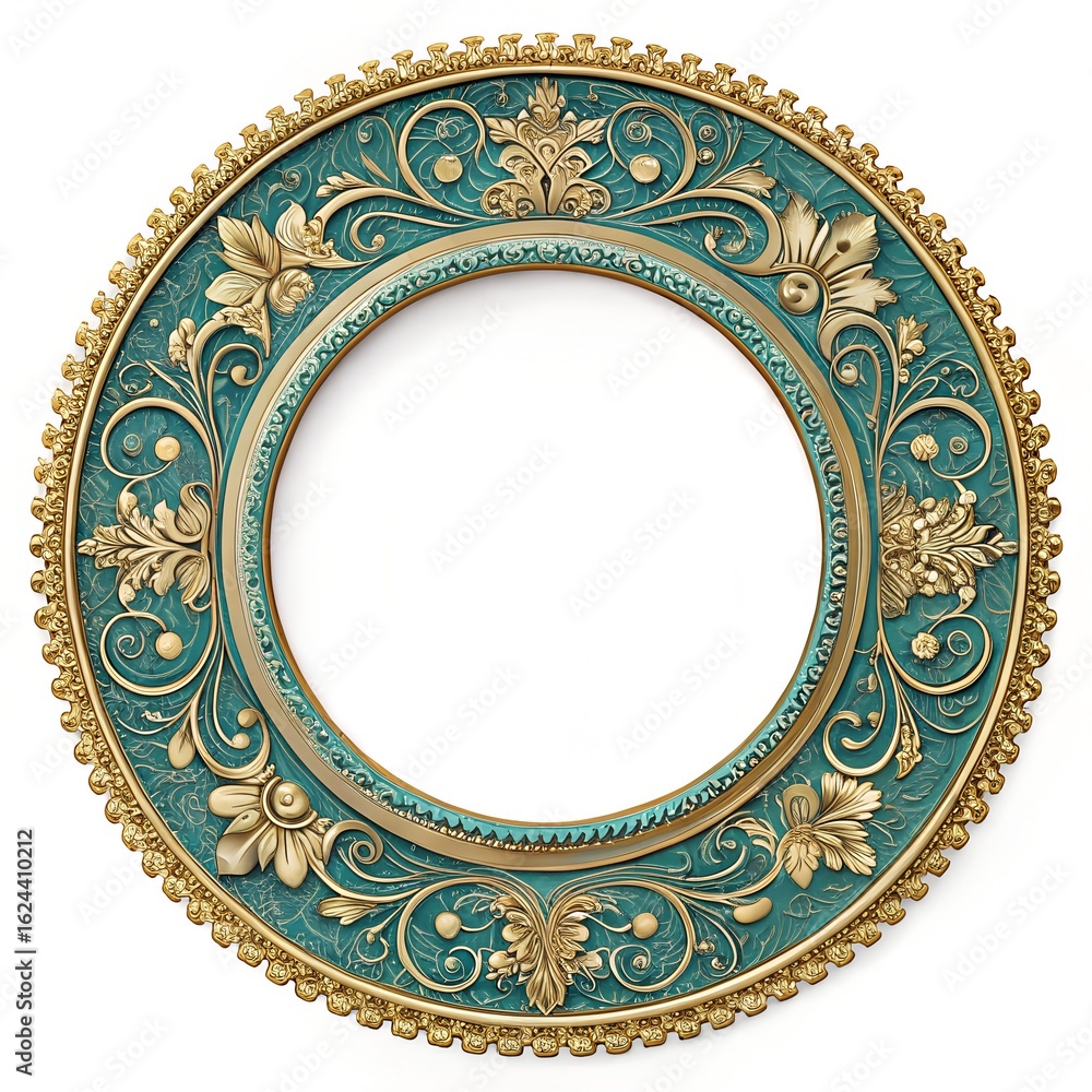 A decorative round frame with intricate floral patterns in gold and teal colors. The frame is empty, ready for a picture or artwork. A decorative round frame with intricate floral patterns in gold and teal colors. The frame is empty, ready for a picture or artwork.