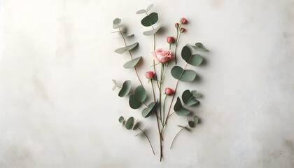 An elegant top-down view of a delicate floral arrangement featuring fresh eucalyptus leaves and small pink rosebuds on a soft white marble background.