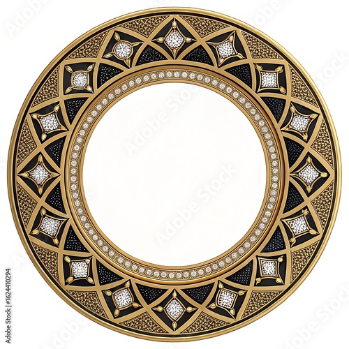 A decorative round frame with intricate gold and black patterns. The frame features diamond-like embellishments and a central empty space for a picture.