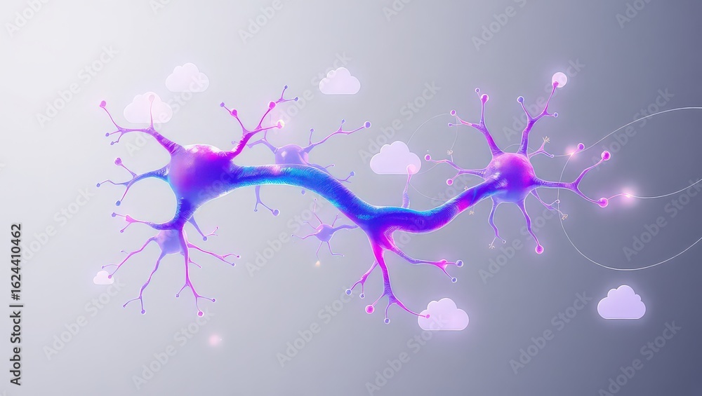 Fototapeta premium A vibrant neuron network with pink and blue hues against a soft grey background with cloud icons