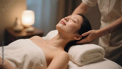 A woman receiving a relaxing head massage in a serene spa setting.