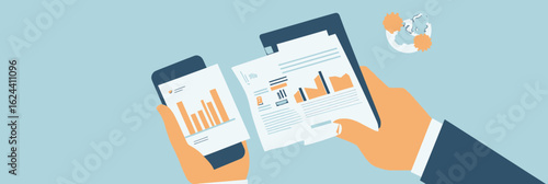 Hands holding mobile phone and printed documents with financial charts and data analysis reports on light blue background for investment planning concept