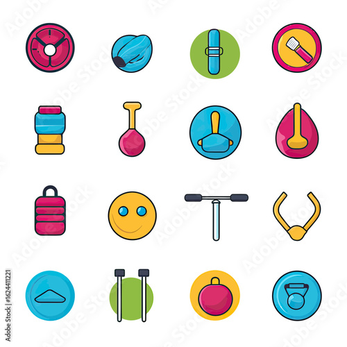 Colorful flat minimalist vector icons set representing various fitness and exercise equipment including weights, jump rope, kettlebell, and fitness ball in circular frames