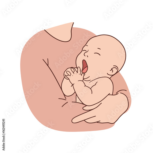 A yawning baby cradled lovingly in a parent's arms.