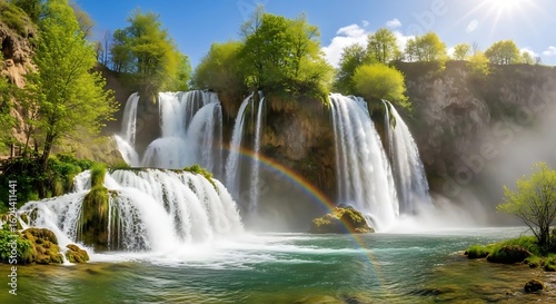 Beautiful waterfall cascading down rocks with a rainbow view