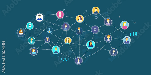 Social network connection illustration with diverse user icons linked by dotted lines on dark background representing online communication and digital collaboration